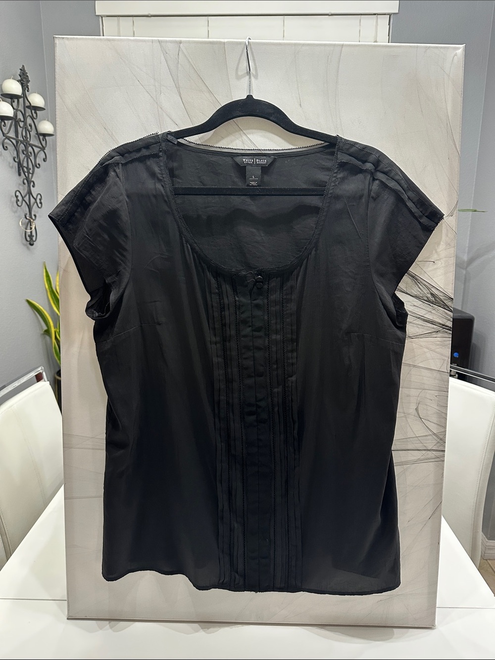 White House Black Market Silk Blend Pleated Cap Sleeve Blouse Black Size L
